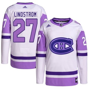 Montreal Canadiens Gustav Lindstrom Official White/Purple Adidas Authentic Youth Hockey Fights Cancer Primegreen NHL Hockey Jersey